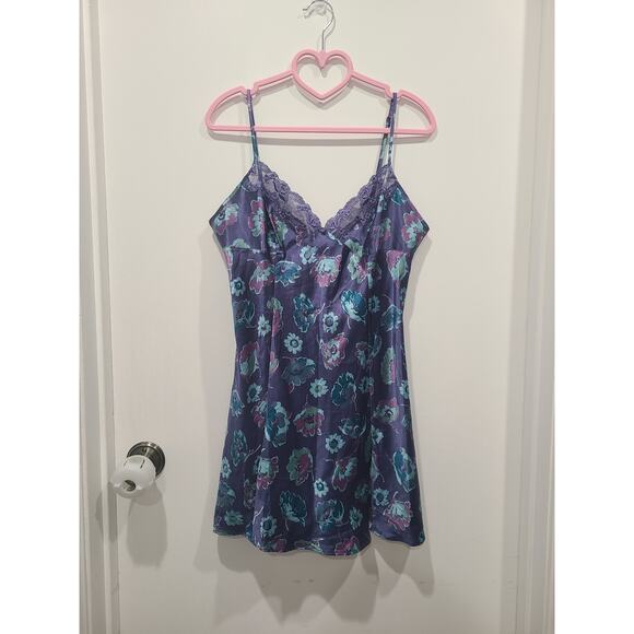 Victoria's Secret Womens Sz M Blue Floral Satin Lace Trim Tie Back Slip Dress - Picture 2 of 8